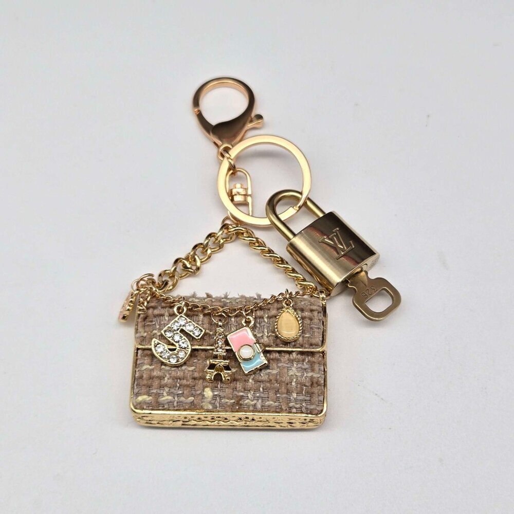 Authentic Louis Vuitton Padlock & Key Gold ✨Unbranded Tweed Bag Charm Keychain - Picture 5 of 9